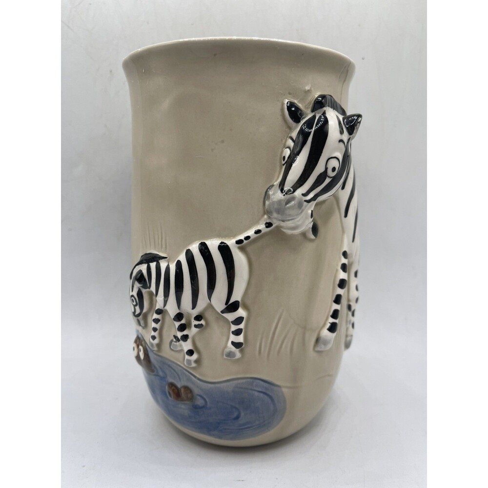 Vintage Quon Quon Japan Pottery Zebra Crocodile Vessel Hand Painted Ceramic Vase